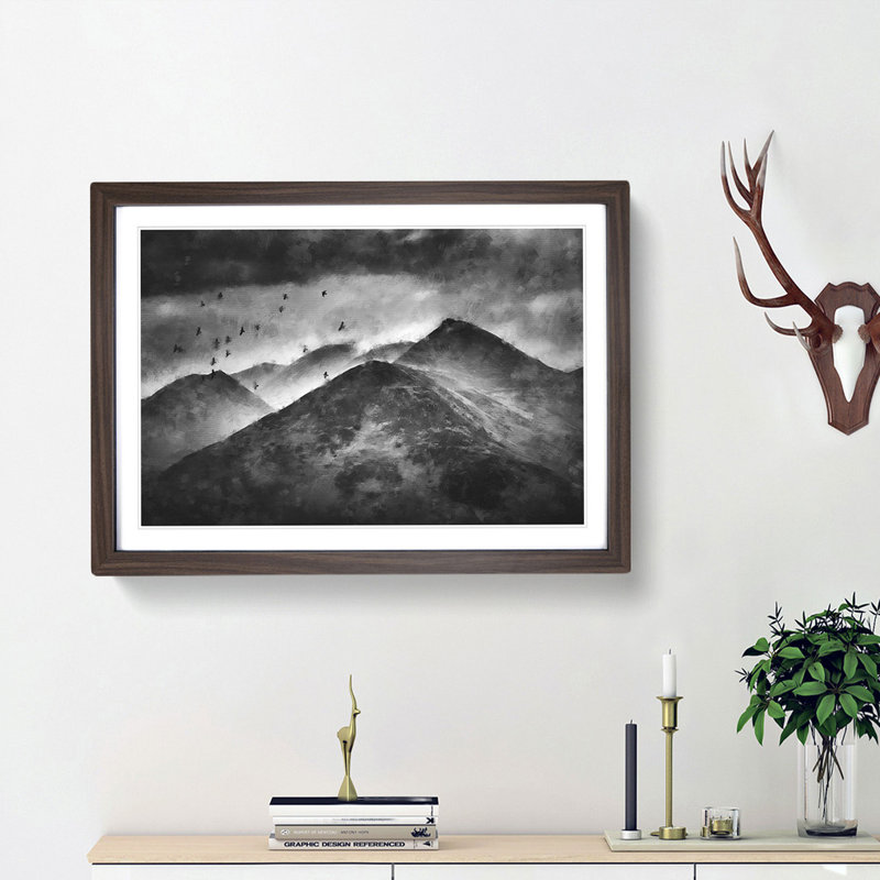 Birds Flying Over The Lake District Painting - Single Picture Frame Print on MDF, 62cm H x 87cm W x 2cm D, Black