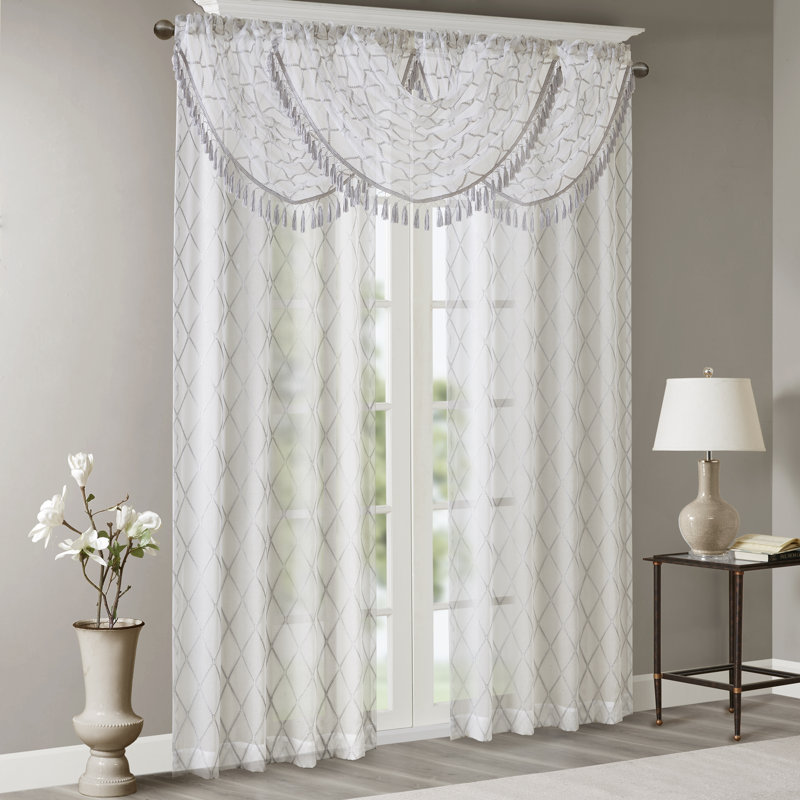 Irina Diamond Sheer Embroidered Single Waterfall Valance, White/Gray