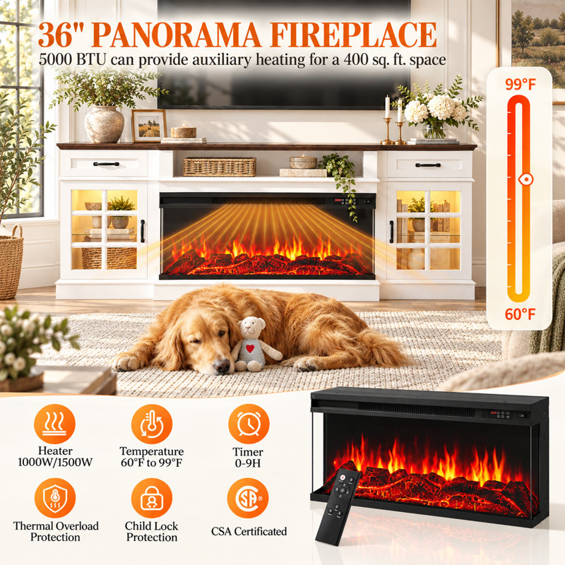 80" Farmhouse TV Stand With 36" 3-Sided Electric Fireplace for TVs up to 90", 2 Drawer and Adjustable Shelf Entertainment Center