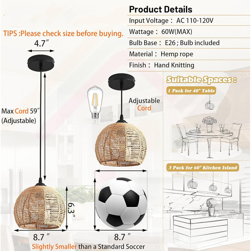 3-Pack Natural Wicker Pendant Lights - Boho Rustic Farmhouse Dome Chandeliers, Rattan Hanging Fixtures for Dining Room & Kitchen Island (Bulb Included)