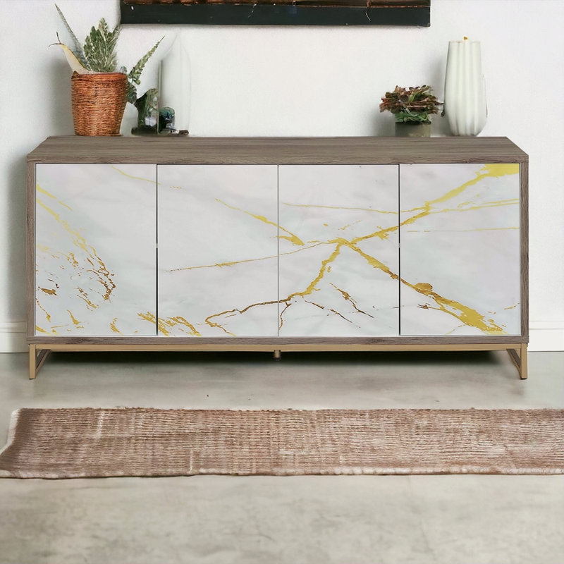 Armoire console à finition marbrée en chêne et champagne