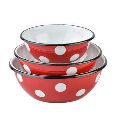 Red White Polka-Dot Enamel Bowl Set of 3 (1.5L + 2.5L + 4L)