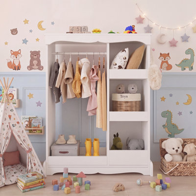 Kids Armoire with Mirror, Wooden Wardrobe Closet with Storage Shelves and Hanging Rod for Children Bedroom