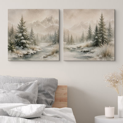 Misty Snowy Pine Forest Path avec arbres d'hiver doux et charme rustique sur bois encadré, ensemble de 2 reproductions d'art sur toile encadrées