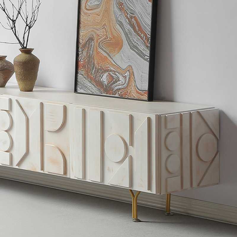 Meuble télé grande capacité en bois massif, L 78,74 po, Blanc / Blanc