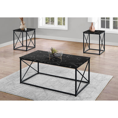 Ensemble de table, table basse, bout, côté, décor, salon, stratifié aspect marbre noir, métal noir