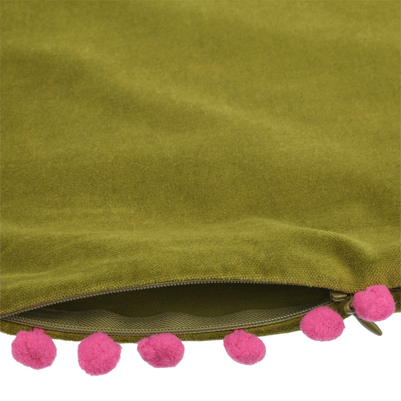 Fida Velvet Pom Pom Cushion Cover, Green