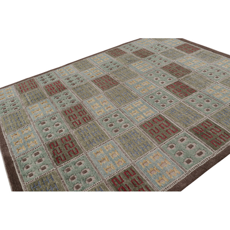 Rug & Kilim’S Scandinavian Rug In Blue And Green With Geometric Patterns, Rectangle 10' x 14'