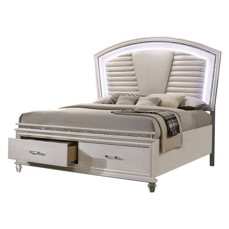 Très grand lit Sam avec lumières DEL, rangement, similicuir capitonné blanc, Blanc / transparent / blanc nacré, Grand