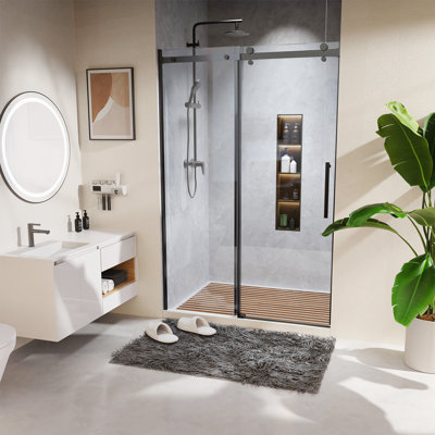 Porte de douche coulissante double l 48 po x H 72 po Yokwok, porte de salle de bain en verre trempé transparent avec cadre anti-fuites de 8 mm, installation réversible, pour salle de bain, noir mat