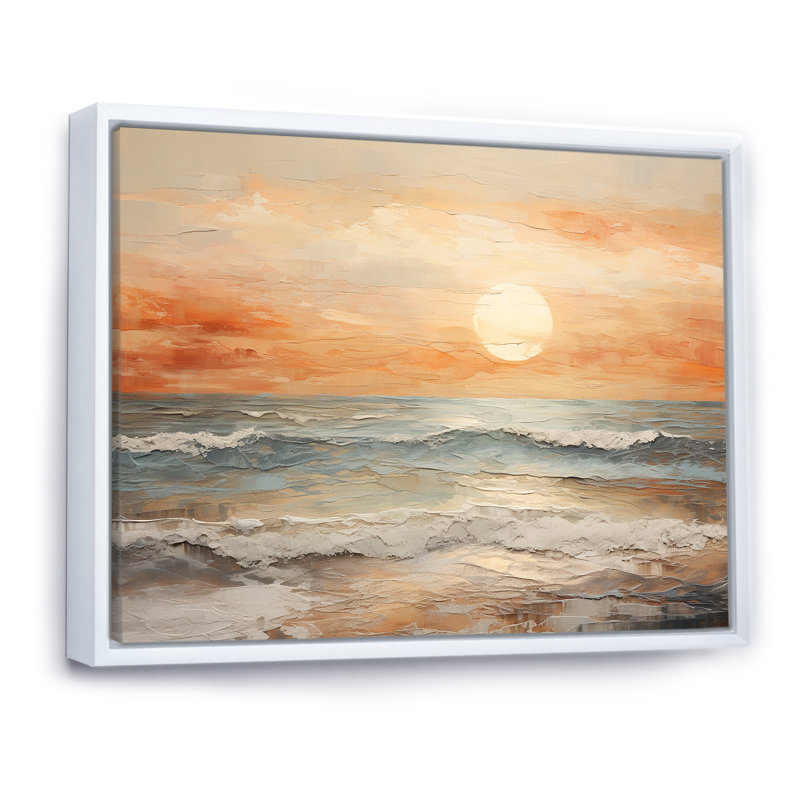 Art sur toile, coucher de soleil sur la plage, H 24 po x l 32 po x P 1 po, Cadre flottant blanc
