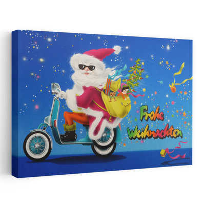 Cool Santa Scooter Colorful Whimsical Abstract Christmas Tree Landscape Nature Wall Art Print