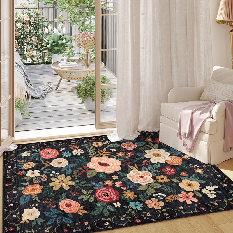 Tapis pour vestibule - Noir - Floral / intérieur, lavable, antidérapant, bohème, petit, doux à poils courts, tapis de porte pour cuisine, chambre à coucher, buanderie, salle de bain