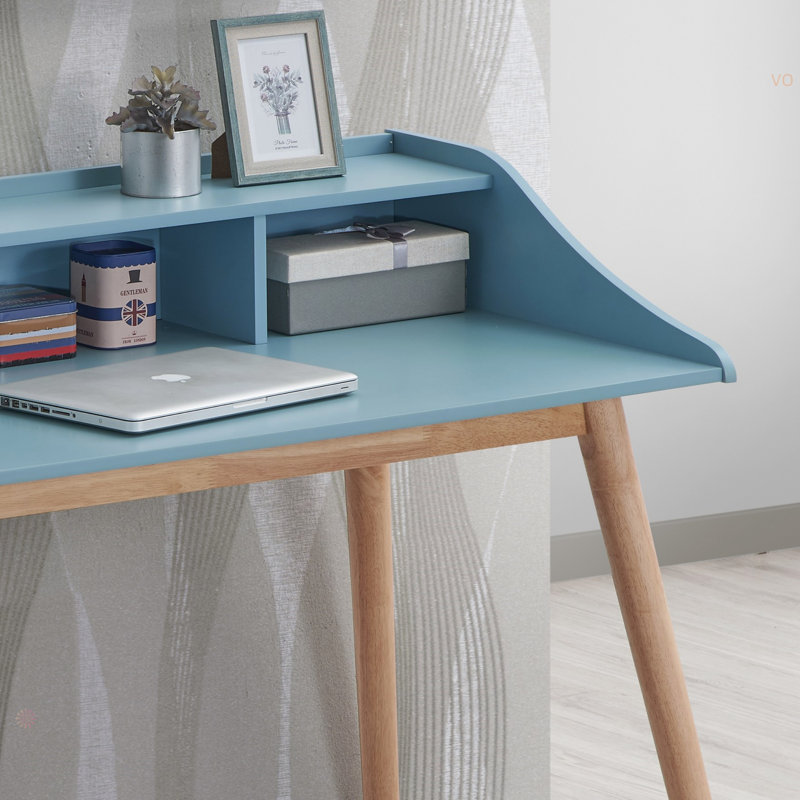 Roskilde Mid-Century Modern Wood Writing Desk With Hutch, 36.7" H x 43.28" W x 24.55" D, Blue/Natural