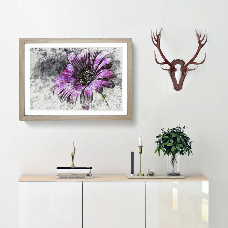 Purple Daisy in Abstract - Picture Frame Painting Print, 35cm H x 50cm W x 2cm D, Oak