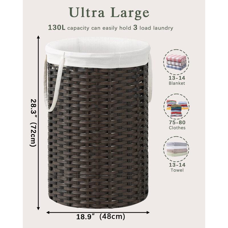 Large Woven Laundry Hamper Basket With Removable Liner And Handles - Durable Rattan Design, Sturdy Metal Frame, Foldable For Space Saving, Includes 2 Mesh Bags For Organization
