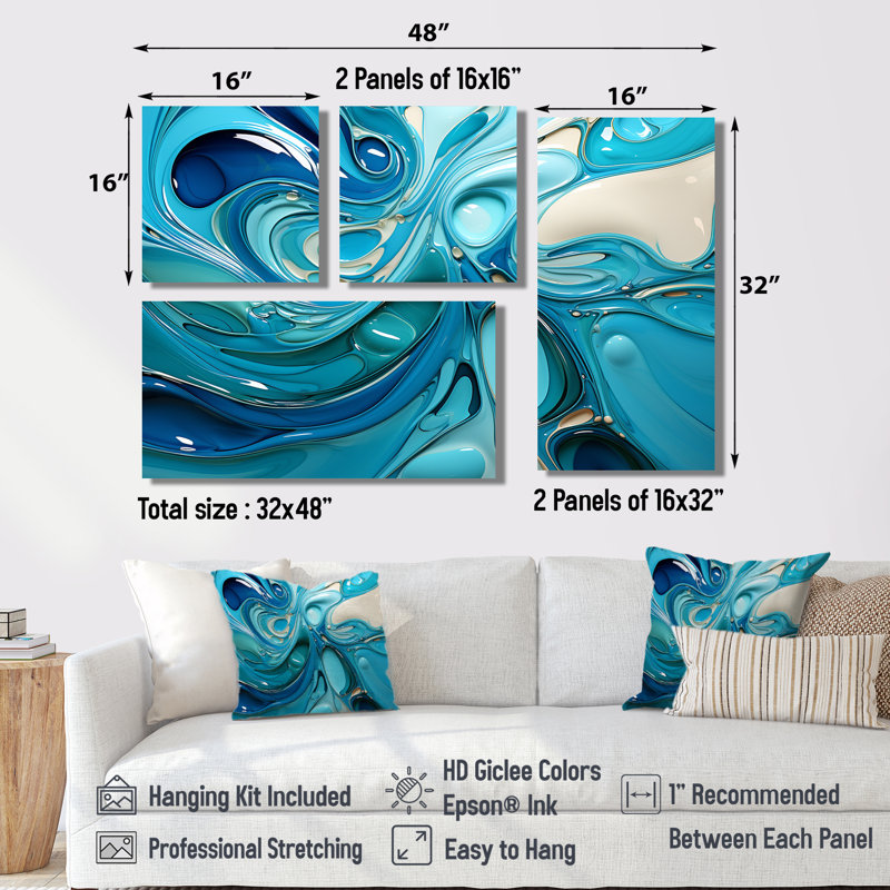 Blue Fluid Grind II - art mural moderne 4 panneaux, Noir, Impression encadrée sans passe-partout