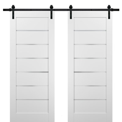 Portes doubles coulissantes de style grange 48 x 84 avec quincaillerie Quadro 4117 Blanc Soie avec verre opaque dépoli, rail de 13 pi, ensemble robuste, porte intérieure en bois massif pour cuisine, chambre ou salle de bain.