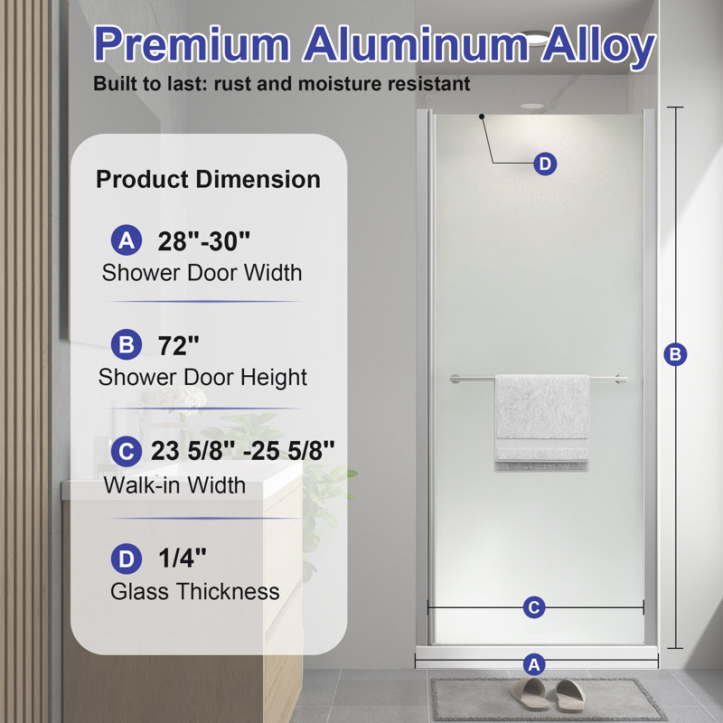 Porte de douche pivotante en aluminium brossé de 28 à 30 po x H 72 po en nickel brossé avec verre trempé givré de 1/4 po