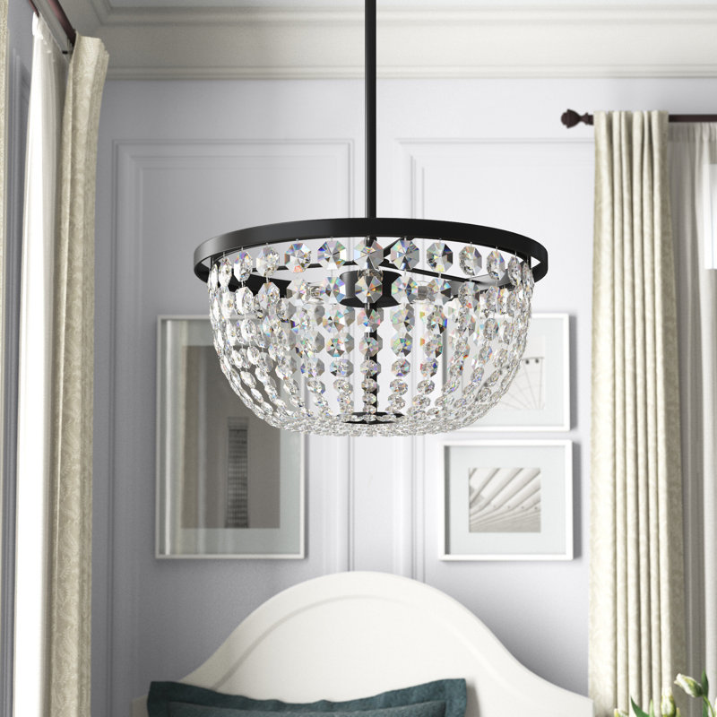 Luminaire bol suspendu unique à 3 lumières avec accents de cristal, Noir, H 54 po x l 13 po x P 13 po