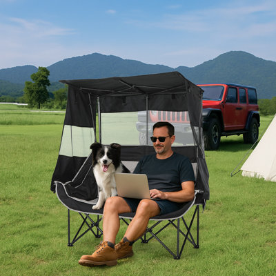 Double Camping Loveseat with Canopy, Portable Folding Outdoor Chair with Cooler, Cup Holders & Side Pockets for Beach & Lawn