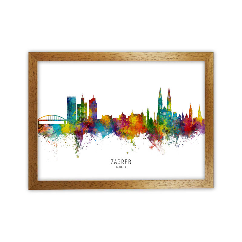 Zagreb Croatia Skyline by Michael Tompsett - Print, 34cm H x 46cm W x 3cm D, Brown Framed