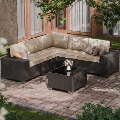 5-Person All-Weather Outdoor HDPE Rattan Sectional Sofa Set with Cushions and Wide Armrests