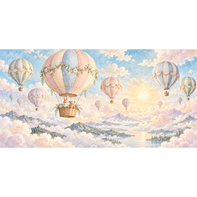 Balloon Festival Wallpaper Mural, Peel and Stick Kids Room Wall Mural, Watercolor Hot Air Balloon Nursery Wallpaper