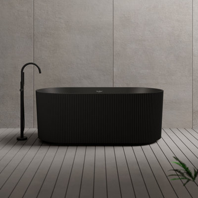 MonBlari 67" X 31.5" Acrylic Fluted Freestanding Black Soaking Bathtub With Overflow And Pop-Up Drain For Bathroom
