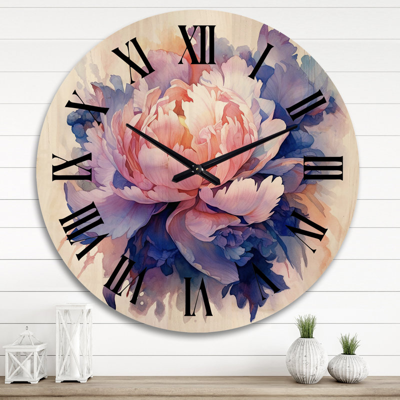 Coral Blue Peony Visons - Peonies Oversized Wood Wall Clock, Très grand