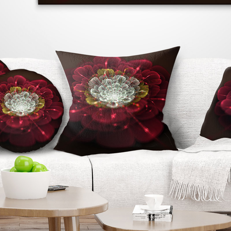 Coussin floral à fleurs fractales, 16 po x 1 po, Rouge, Coussin décoratif