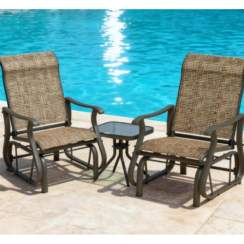 Gliding Chairs,Outdoor Gliders Set Bistro Set With Steel Frame, Tempered Glass Top Table For Patio, Garden, Brown