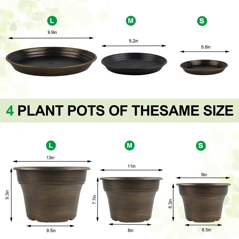Ensemble de 4 pots à fleurs en plastique, Doré, H 6,3 po x l 9 po x P 9 po