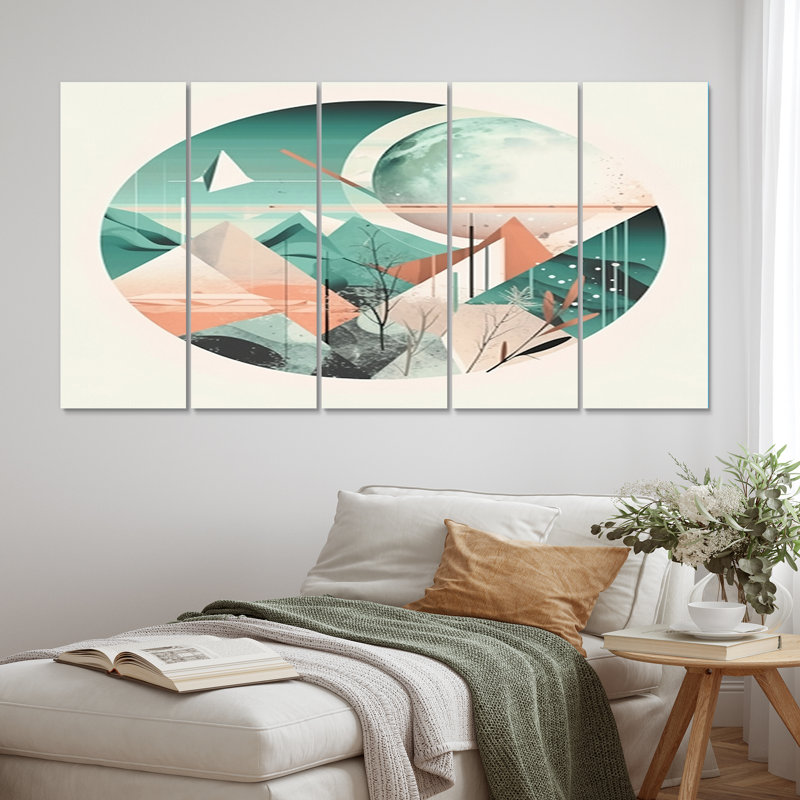 Boho Landscape Earthy Green Unapologetic Pink I - Modern Geometric Wall Art Print - 5 Equal Panels