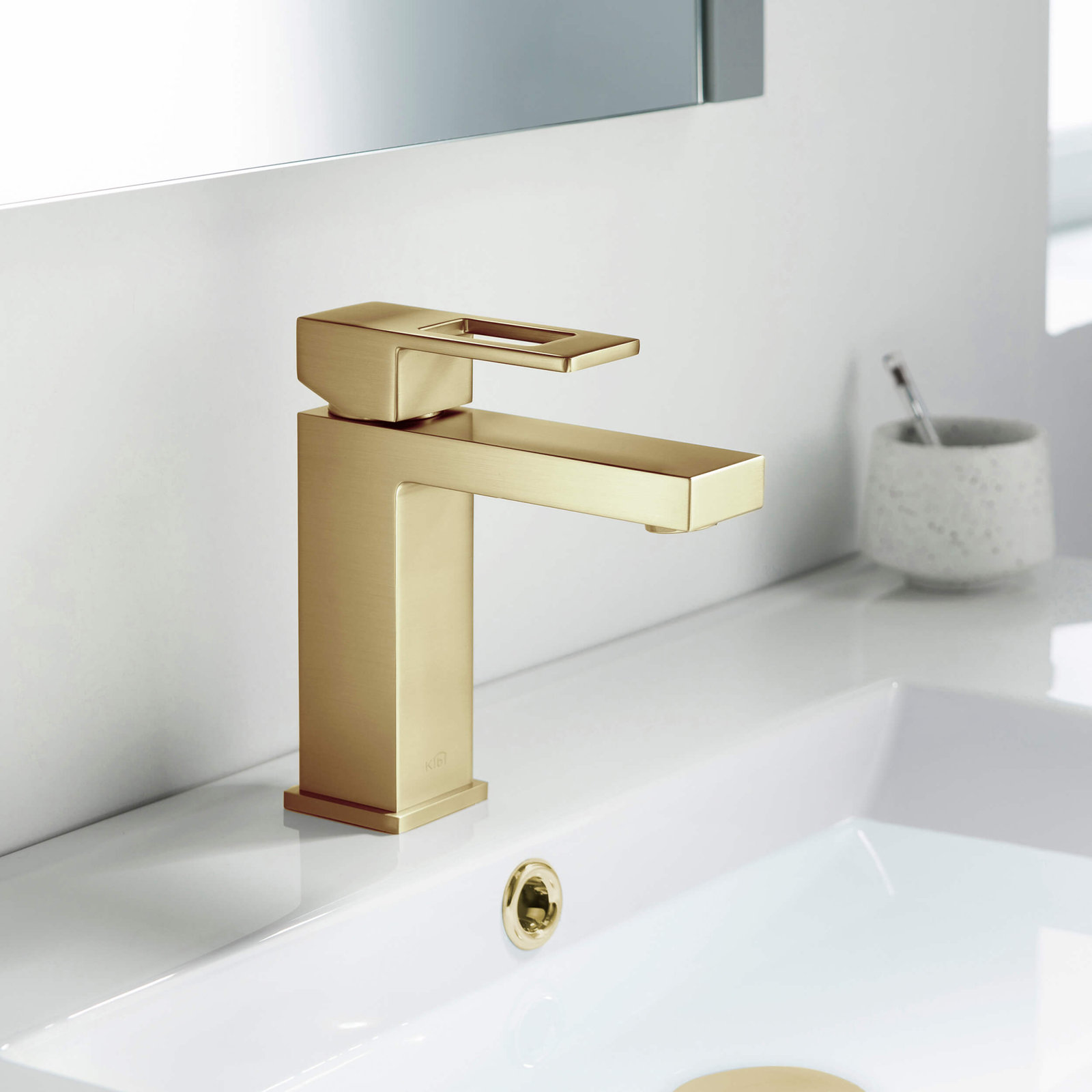 Cube Single-Hole Bathroom Faucet, Brushed Gold, Drain Assembly Included