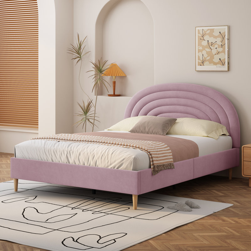 Halis Upholstered Scalloped Bed, Pink Velvet, Queen
