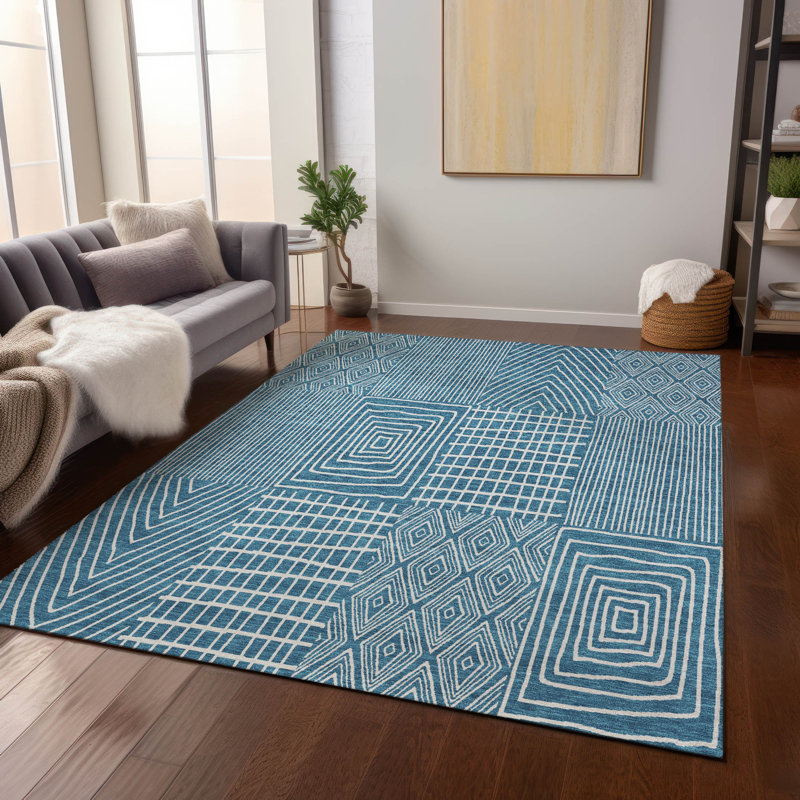 Owen Teal Washable Indoor-Outdoor Rug - , 5' x 7'6"