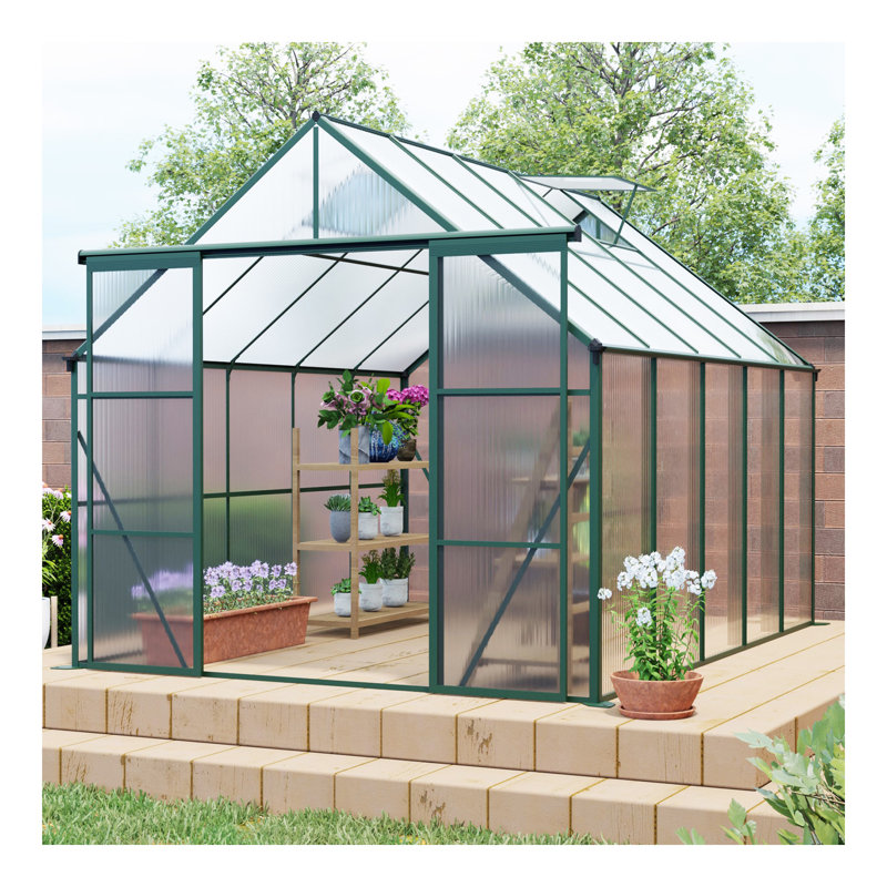 8X10ft Double Door Polycarbonate Greenhouse Raised Base And Anchor Aluminum Heavy Duty Walk-In Greenhouses For Outdoor Backyard In All Season,Green