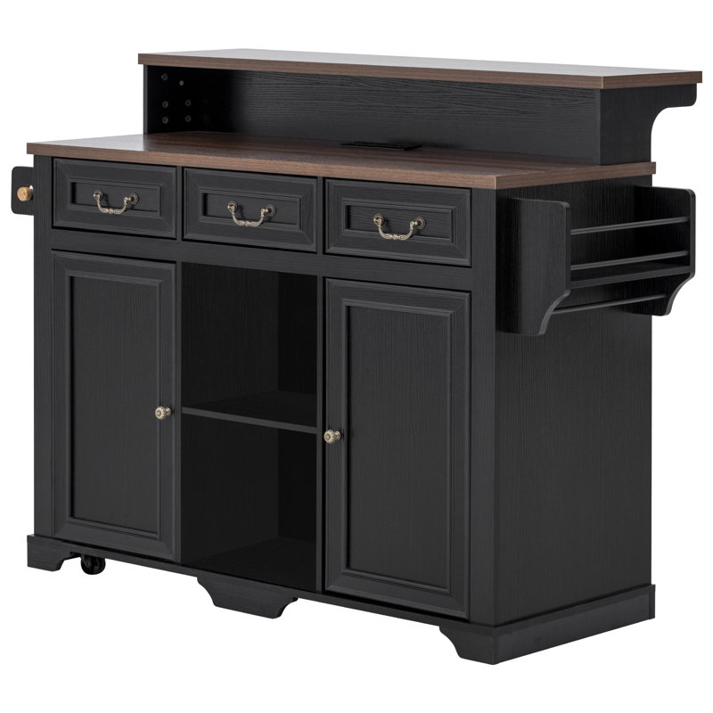 Farmhouse 53.2" Kitchen Island With Power Outlet, Rolling Island Table, Bar Cabinet With Storage 4 Door Shelves And 3 Drawers