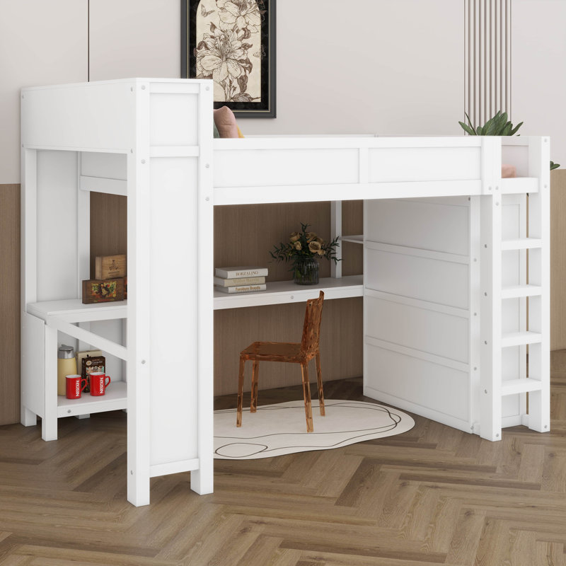 Queen Size Loft Bed With Shelves & USB, Solid Wood Loft Bed With Desk And Storage Wardrobe, Ladder And Guardrails, White