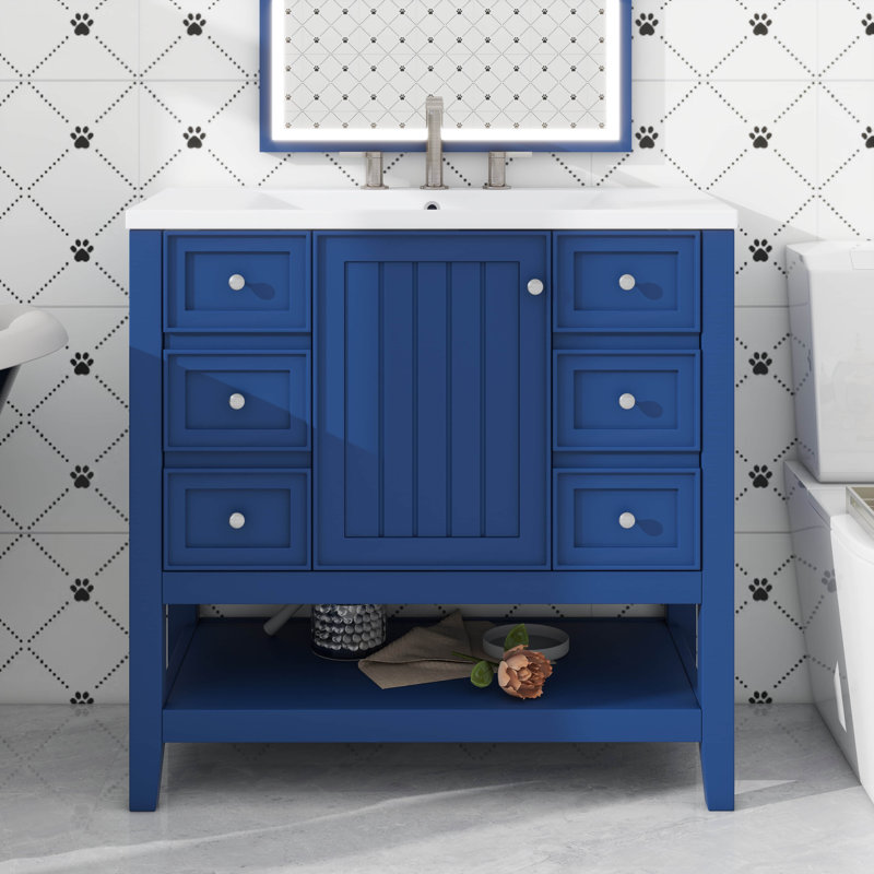 Ensemble de meuble-lavabo 36 po avec une armoire et trois tiroirs, Bleu