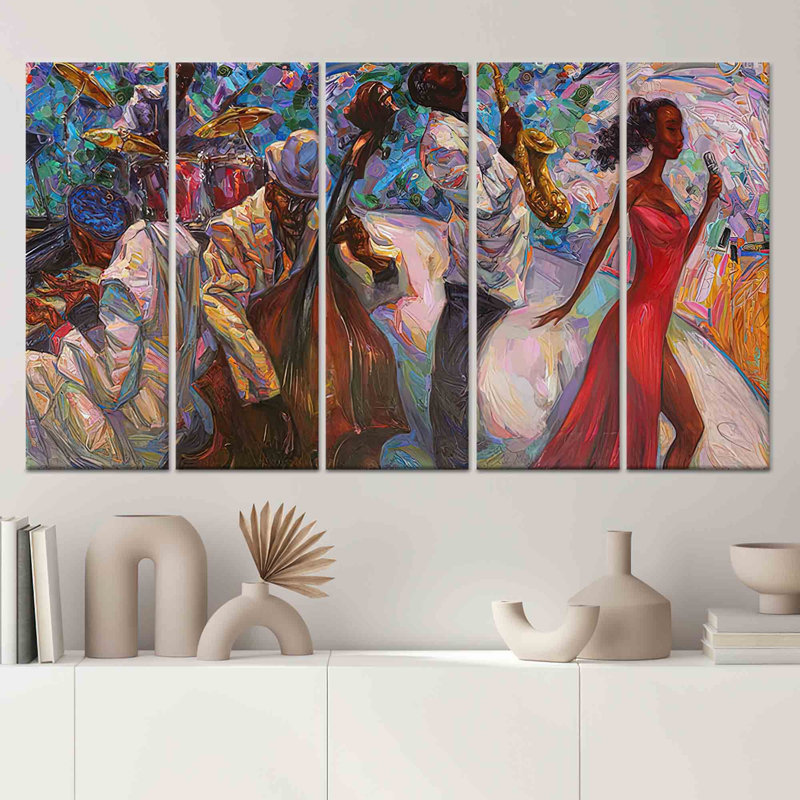 Toile imprimée : Décoration circulaire de chanteuse de jazz africaine, toile tendue sur châssis en 5 parties