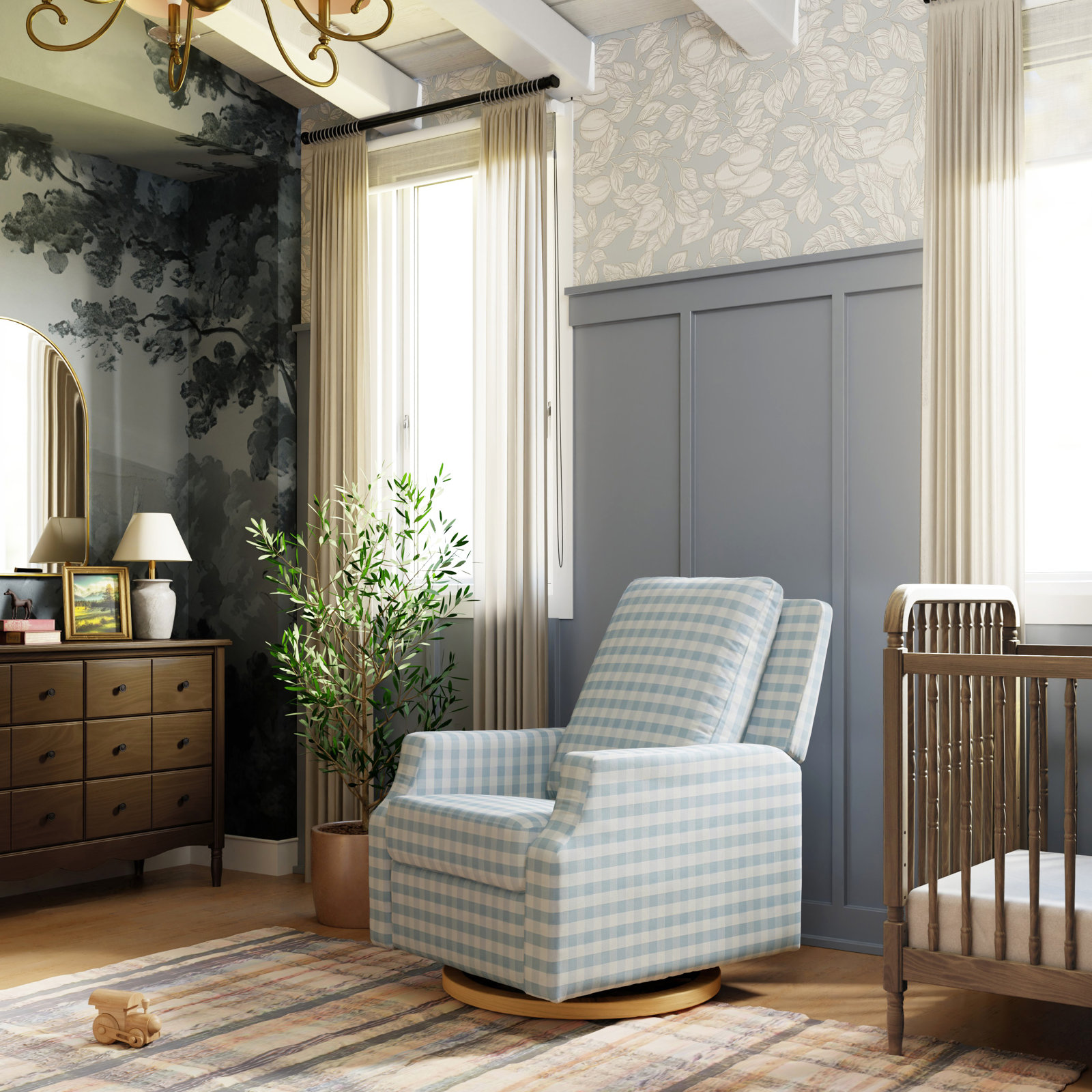 Crewe Swivel Glider, Blue Gingham Polyester Blend