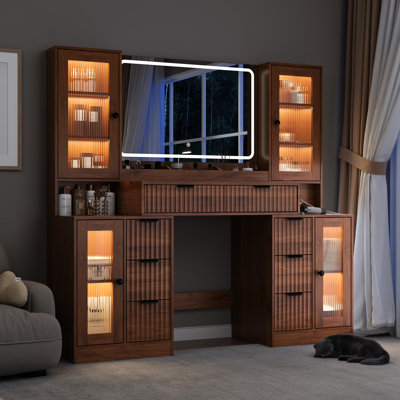 Bureau de meuble-lavabo avec 2 portes, 3 tiroirs et miroir lumineux à DEL, table de maquillage avec prise de courant, armoire en verre RVB et mode 3 lumières