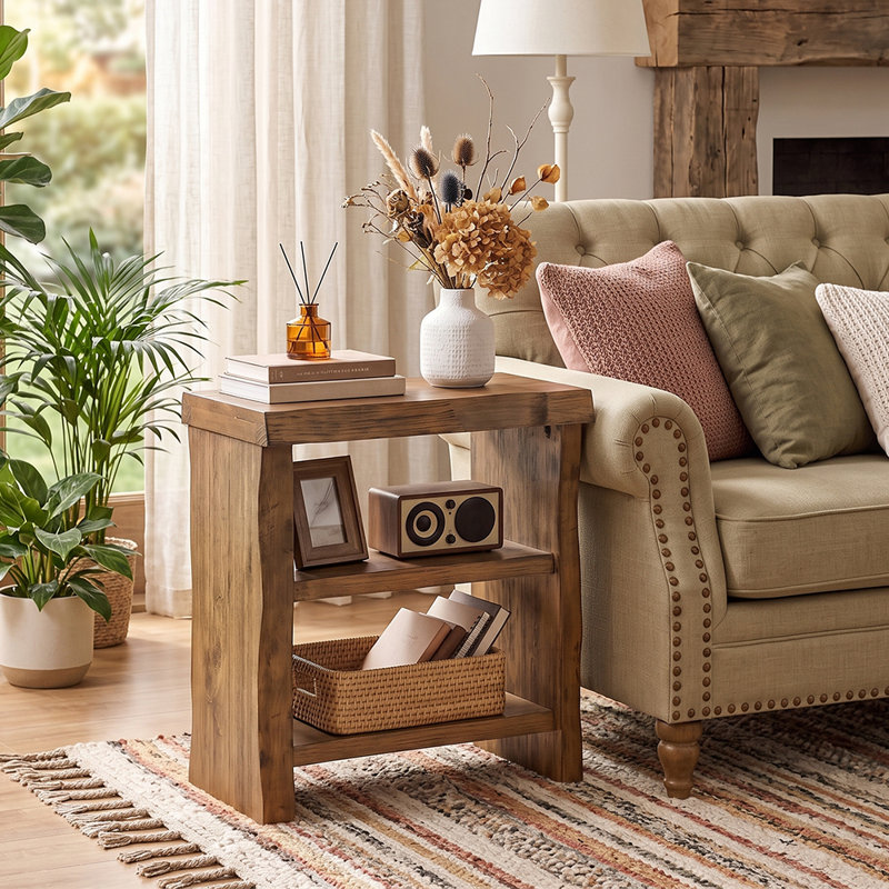 Table d'appoint à 3 niveaux en bois massif avec bord vivant, conte de fées Farmhouse pour petits espaces, salon, chambre à coucher