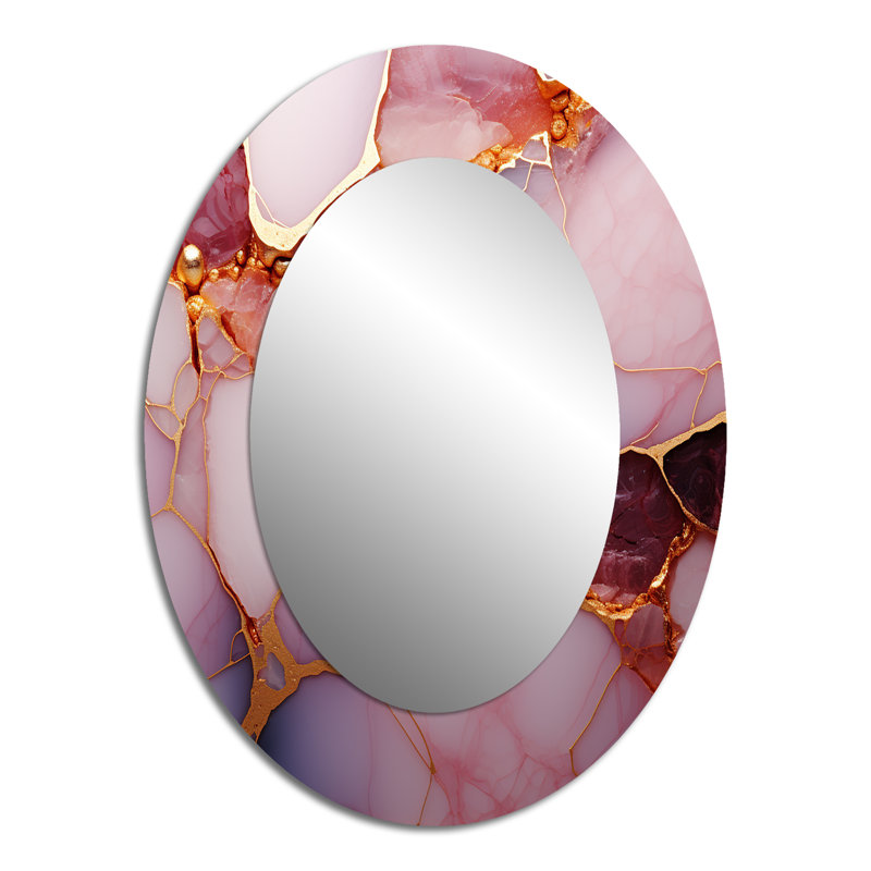 Or et marbre rose Essence II - miroir décoratif ovale abstrait sur métal, 40 po x 30 po