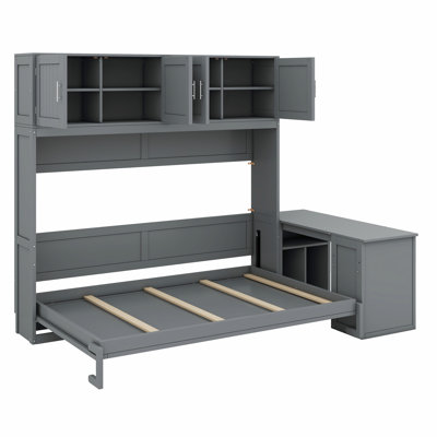 Lit escamotable mural avec bureau, tablettes de rangement et grandes armoires
