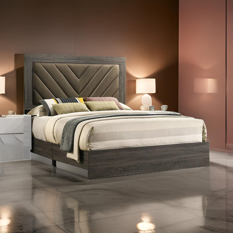 Upholstered Platform Bed, California King, Gray/Brown