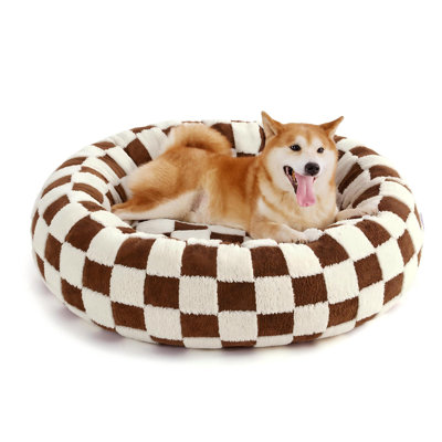 Grand lit pour chien, lits pour chat ronds et anti-angoisse pour animaux de compagnie, lits modernes mignons et lavables avec peluche en jacquard à poils longs et antidérapant, brun (36 po)