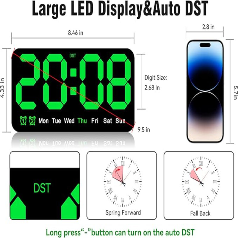 Grande horloge murale numérique, 9,5 pouces, réveil à DEL avec gros chiffres, DST, double alarme, luminosité à 3 niveaux pour le salon, les chambres, la classe, le décor, vert